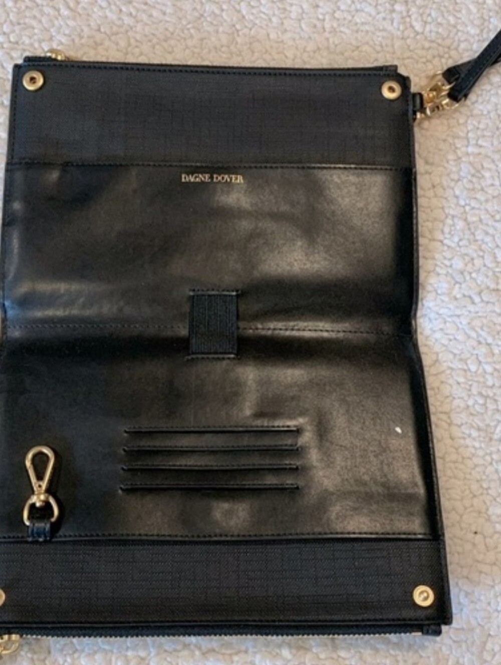 Dagne Dover Black Leather Wristlet Clutch with Gold Hardware